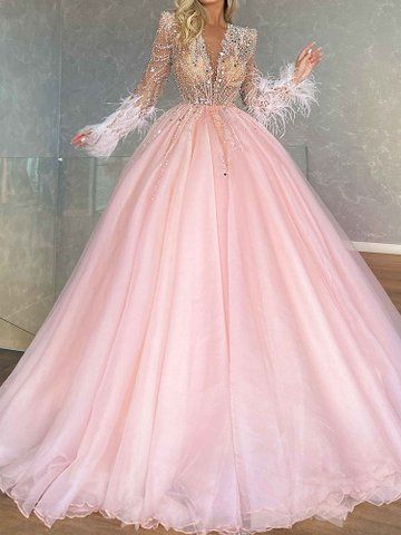Elegant Deep V-Neck Shiny See-Through Feathers A-Line Evening Maxi Dress Pink Prom Dress - Fashionpara