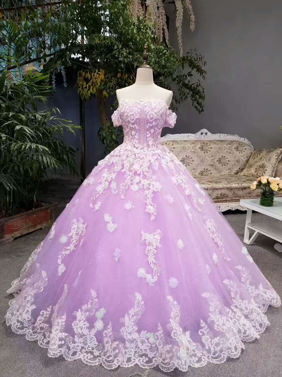 New Arrival Floral Wedding Dresses A-Line Floor Length Lace Up Off The Shoulder Ball Gown With Beads And Appliques - Fashionpara