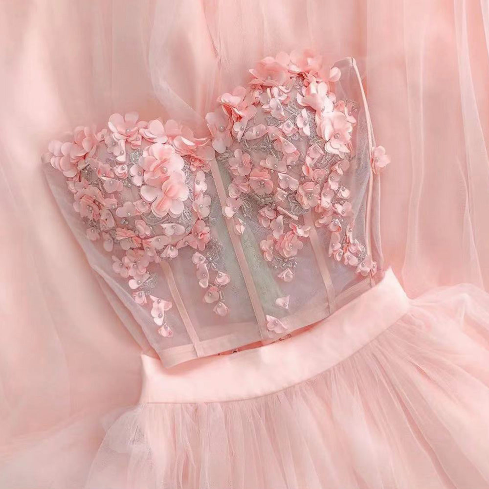 two piece prom dresses, hand made flowers prom dresses, long evening dresses, a line prom dresses, pink prom dresses - Fashionpara