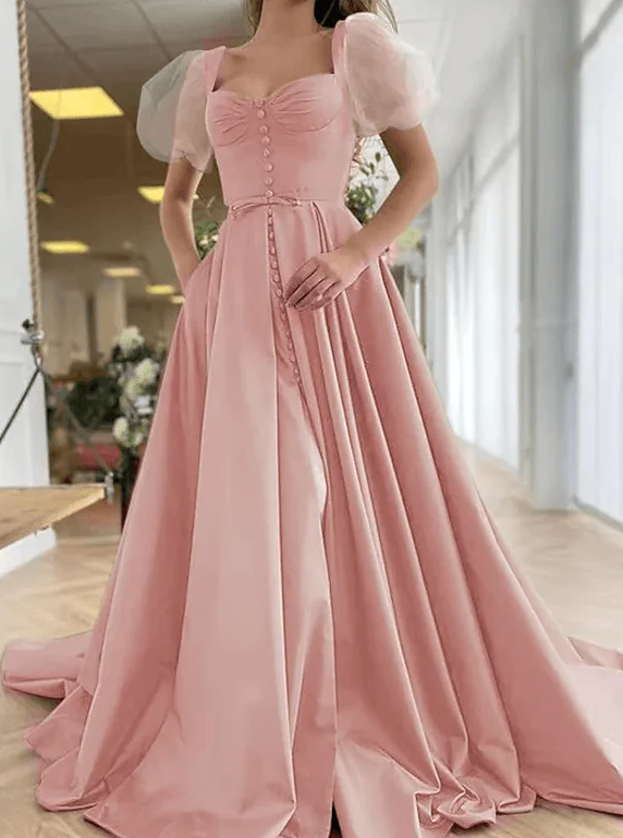A-Line Elegant Vintage Engagement Pink Prom Dress Scoop Neck Short Sleeve Sweep / Brush Train Satin with Pleats Split - Fashionpara