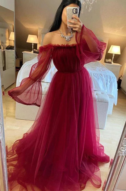 Prom Dress Off Shoulder Long Sleeves Tulle Burgundy Formal Evening Dress - Fashionpara