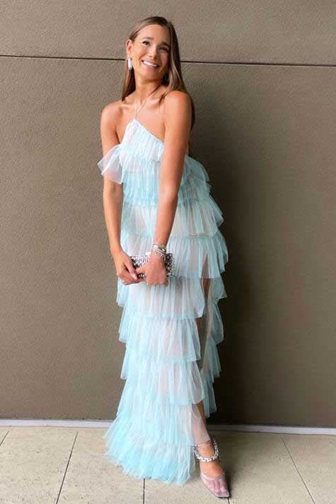 Elegant Halter Tulle Blue Prom Dress With Layers, Long Formal Evening Dresses - Fashionpara