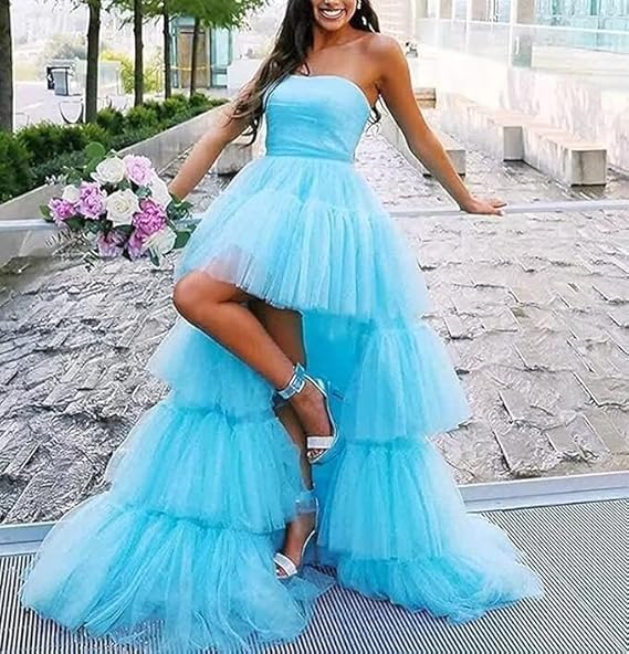 Hot Pink Strapless High Low Formal Gown,Tulle Prom Evening Dresses - Fashionpara