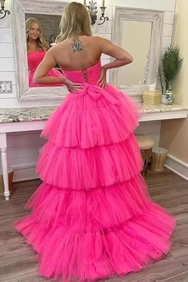 Hot Pink Strapless High Low Formal Gown,Tulle Prom Evening Dresses - Fashionpara