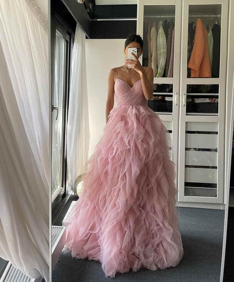 Straps Blush Pink Prom Dress with Cacasding Ruffles - Fashionpara