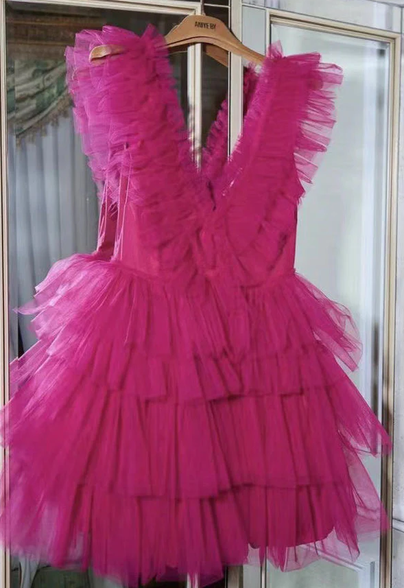 A Line Cute Hot Pink V Neck Short Homecoming Graduation Dresses, Mini Cocktail Dress - Fashionpara