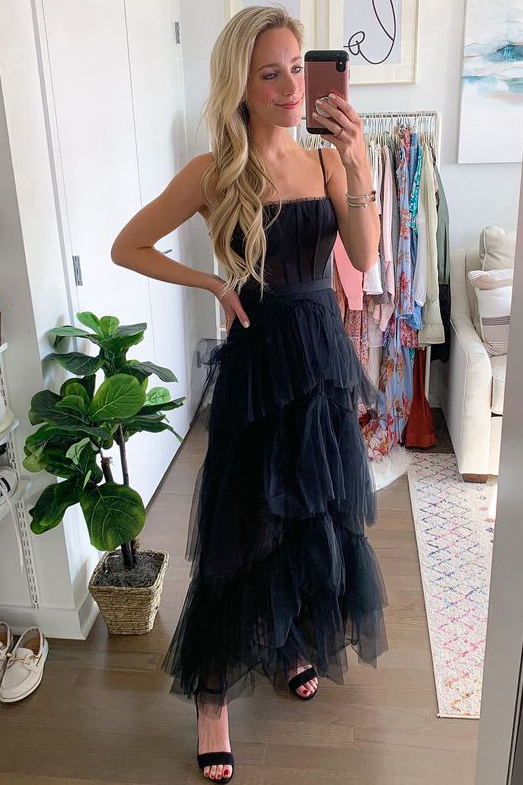 Elegant A-line Layered Tulle Black Prom Dress,Sheer Corset Long Evening Dress,Graduation Dress - Fashionpara