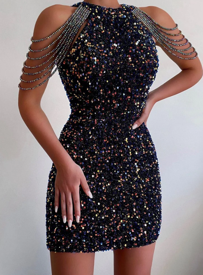 Sexy Glitter Sequins Bag Hip Dress Women Elegant Crystal Tassel Solid Mini Dress Summer Fashion Hanging Neck Club Party Dresses Homecoming Dress - Fashionpara