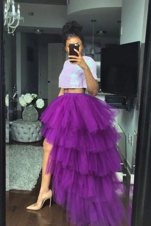 Two Piece Tulle Prom Dress Unique Prom Dress Purple Prom Dress For Women - Fashionpara