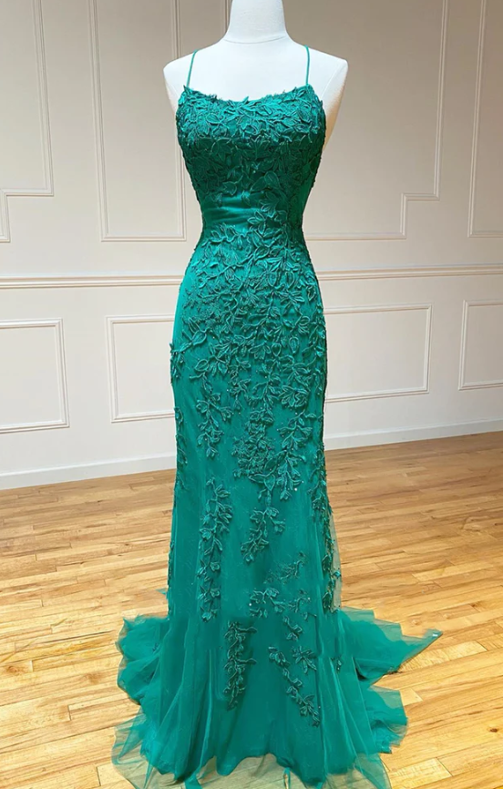 Open Back Green Mermaid Lace Prom Dresses, Backless Green Mermaid Lace Formal Evening Dresses - Fashionpara