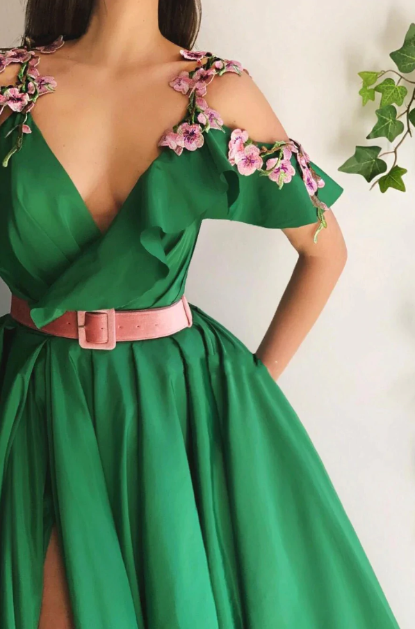 Green Satin Flower High Split Side Cold Shoulder Appliques Formal Gowns - Fashionpara