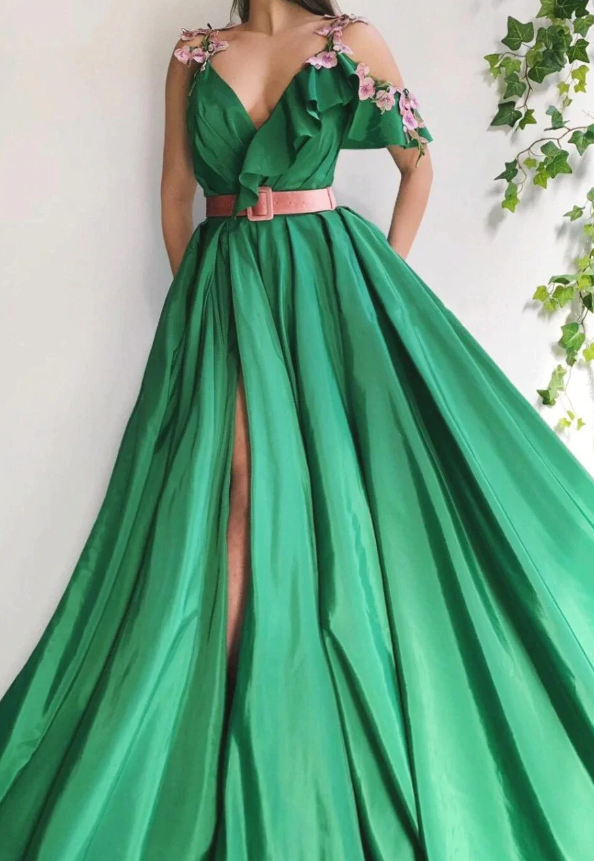 Green Satin Flower High Split Side Cold Shoulder Appliques Formal Gowns - Fashionpara