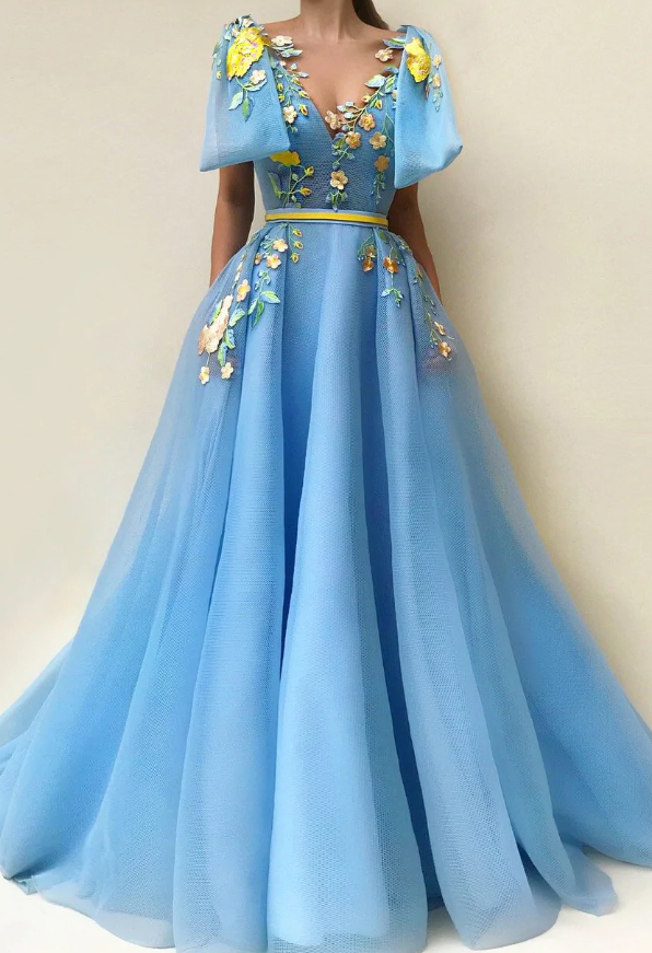 Beautiful Prom Dresses A Line Floor-length Sleeveless Pockets Embroidery Long Chic Tulle Prom Dress - Fashionpara