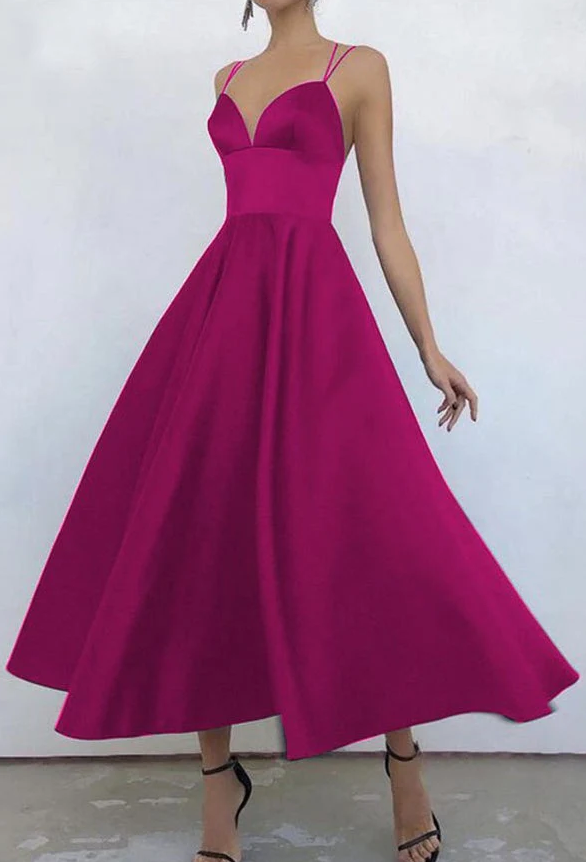 Simple V Neck Satin Burgundy Tea Length Prom/Evening Dresses - Fashionpara