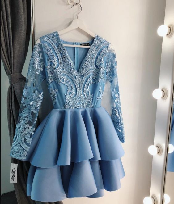 Baby Blue V Neck Lace A Line Homecoming Dresses Long Sleeves Applique Tiered Layers Short Party gown - Fashionpara