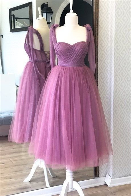 Purple sparkly tulle corset midi dress, Prom dress - Fashionpara