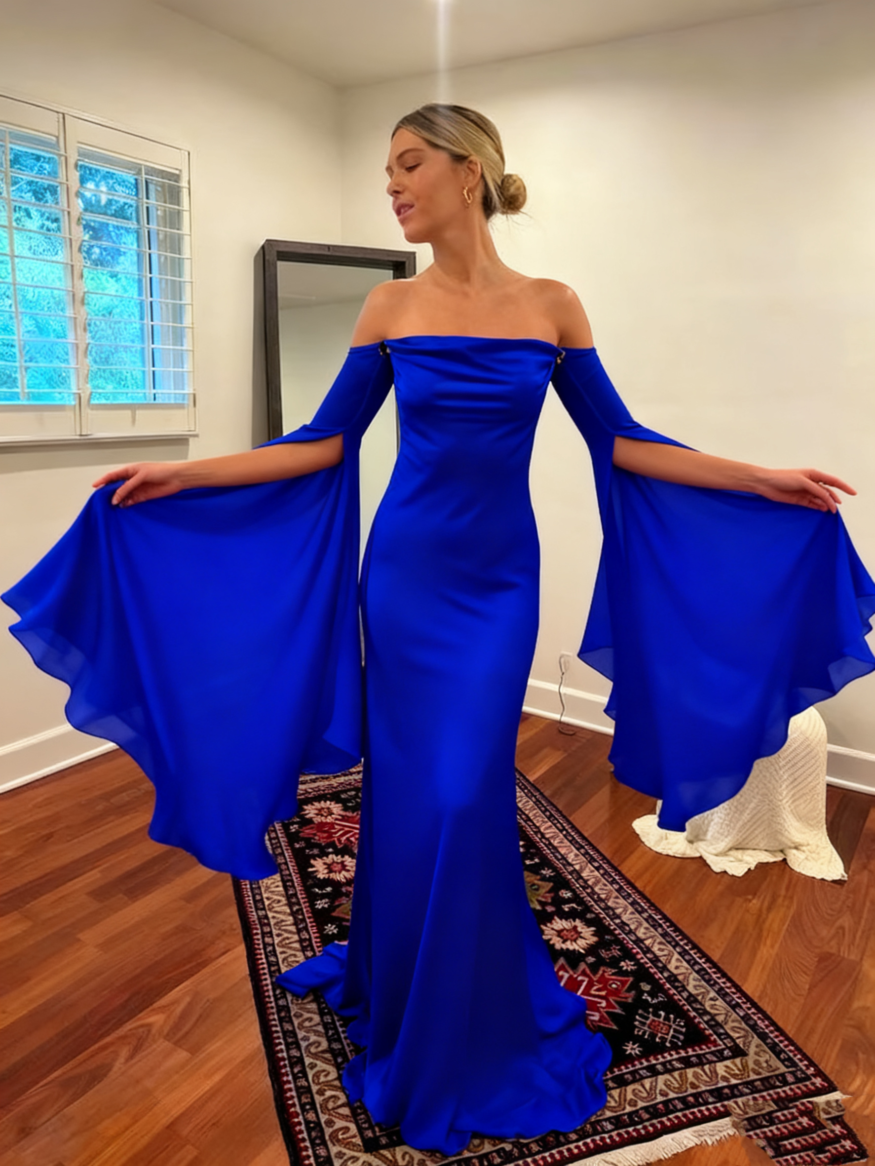 Wedding Dresses Soft Satin Long Floor Length Open Back Simple Bridal Gown With Detachable Flare Sleeves