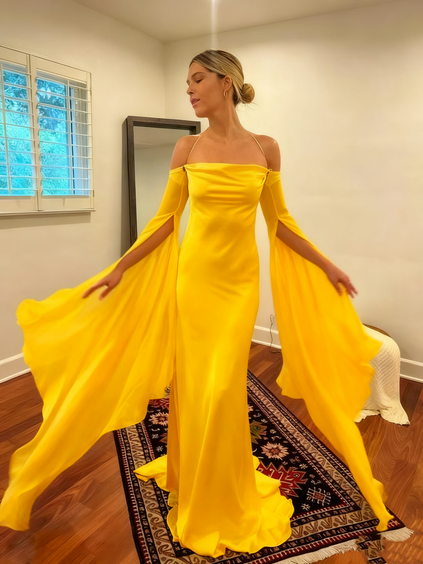 Wedding Dresses Soft Satin Long Floor Length Open Back Simple Bridal Gown With Detachable Flare Sleeves