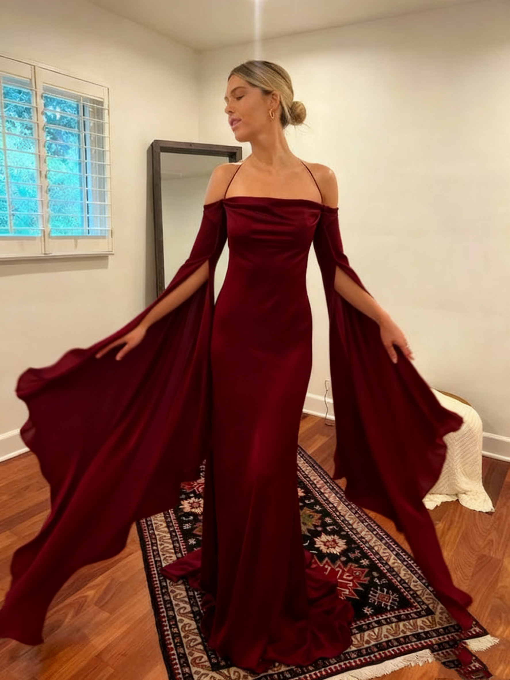 Wedding Dresses Soft Satin Long Floor Length Open Back Simple Bridal Gown With Detachable Flare Sleeves