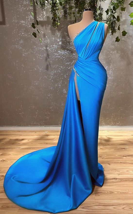 Sexy Blue One Shoulder Split Mermaid Prom Dress With Beads - Fashionpara