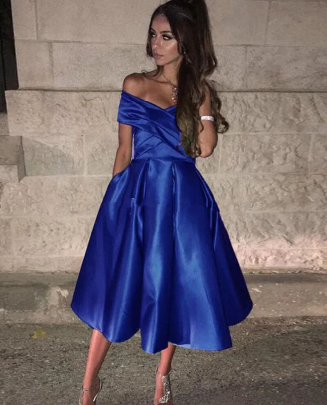 Royal Blue Knee Length Off the Shoulder Girls Homecoming Dress Short Graduation Dress - Fashionpara