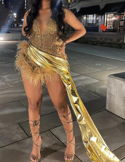 Sexy Black Girls Birthday Dresses Gold Rhinestone Feathers Mini Cocktail Party Gowns Women Club Outfit Vestidos De Gala - Fashionpara