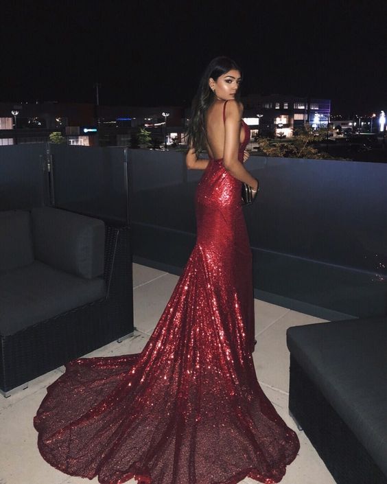 Women Spaghetti Strap Sequin Sexy Backless Prom Party Dress - Fashionpara