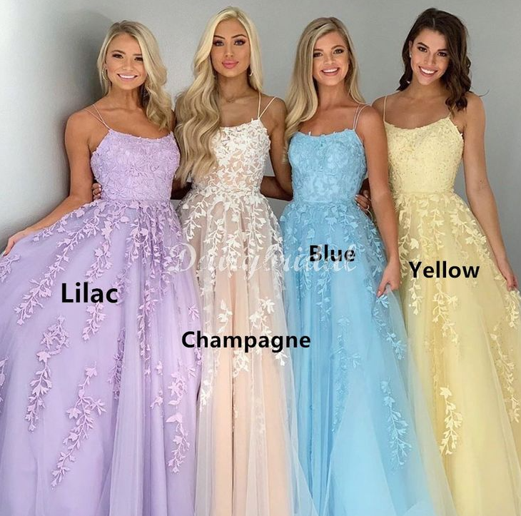 Spaghetti straps tulle prom dresses applique evening gown long party dress - Fashionpara