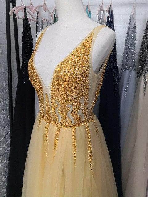 Gold V-Neck Prom Dresses - Fashionpara