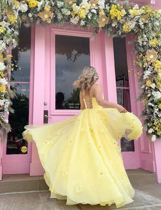 Straps Tulle Bodice 3D Flowers With Back Lace Up Yellow Long Prom Dress - Fashionpara