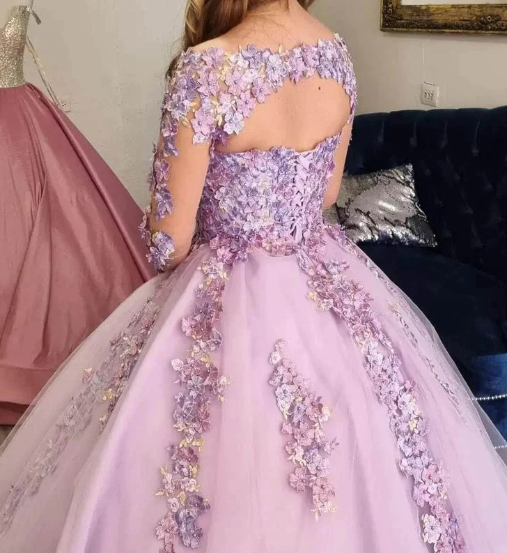 Lilac Ball Gown 3D Floral Lace Applique Long Sleeve Special Occasion Dress Sweet 16 Dress - Fashionpara