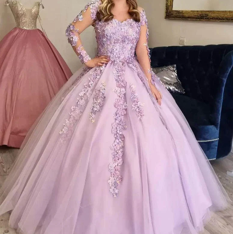 Lilac Ball Gown 3D Floral Lace Applique Long Sleeve Special Occasion Dress Sweet 16 Dress - Fashionpara