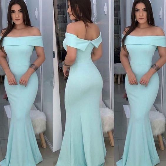 turquoise blue simple evening dresses boat neck mermaid elegant cheap long evening gowns - Fashionpara