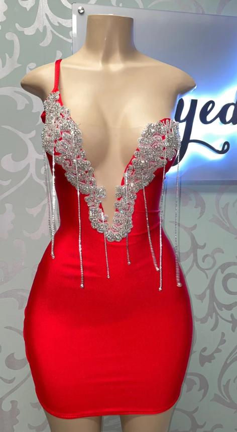 Red dress with rhinestones diamonds short homecoming dresses, short cocktail dresses - Fashionpara