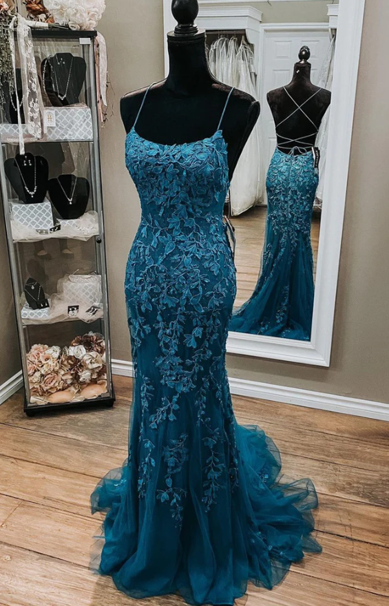 Backless Mermaid Dark Teal Lace Long Prom Dress, Mermaid Teal Lace Long Formal Evening Dress - Fashionpara
