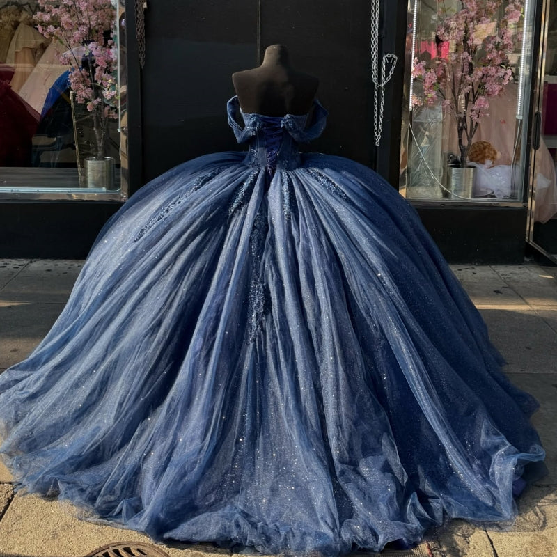 Sweet 16 Birthday Party Dresses Navy Blue Off-Shoulder Lace Appliqued Tulle Ball Gown for Birthday Celebration Sweet 15 Mexican Dresses - Fashionpara