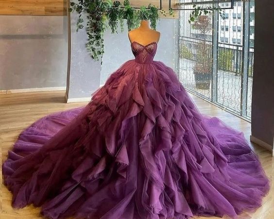 Ball gown purple long prom dress A line evening dress - Fashionpara