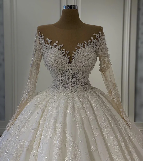 Sheer Neck Lace Wedding Dress Ball Gown Long Sleeves - Fashionpara