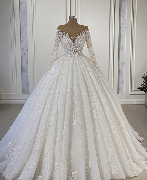 Sheer Neck Lace Wedding Dress Ball Gown Long Sleeves - Fashionpara