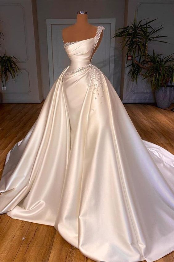 Glamorous One Shoulder Pearl Wedding Dress Overskirt Bridal Gowns - Fashionpara