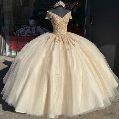 Off the Shoulder Quinceanera Dresses Champagne Lace Appliqued Beaded Ball Gowns - Fashionpara