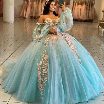 Blue Ball Gown Quinceanera Dresses Off Shoulder Long Sleeve Corset Sweep Train - Fashionpara