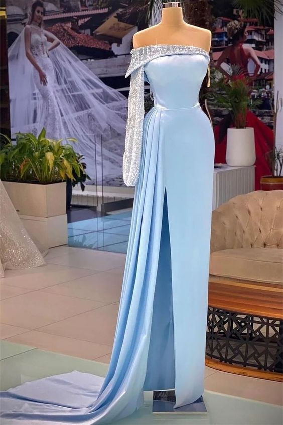 One Shoulder Strapless Floor-length Backless High Split Sheath Prom Dress - Fashionpara