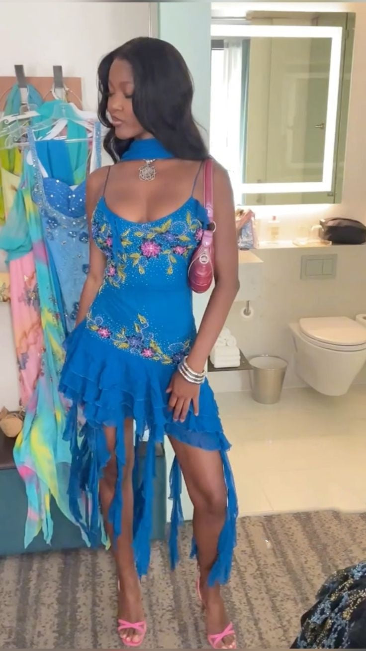 Blue Spaghetti Straps Short Prom Dress Blue Sexy Evening Dress