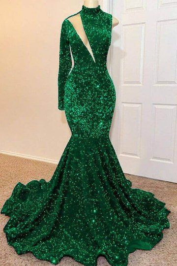 Fabulous Emerald Green Sequins Prom Dress Mermaid One Shoulder Long Sleeves - Fashionpara
