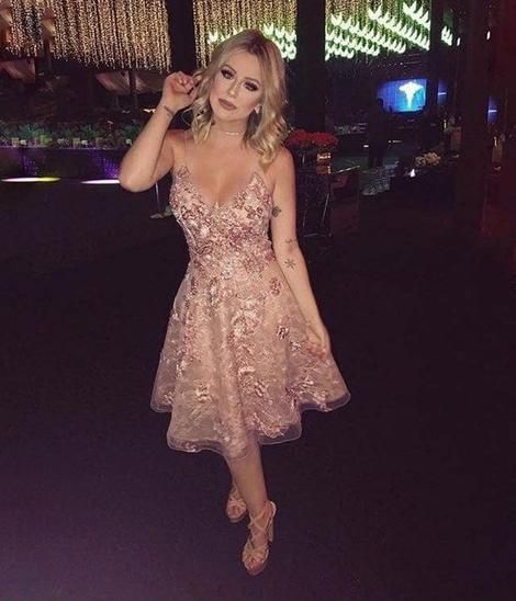 Spaghetti Straps V Neck Lace Short Homecoming Dress - Fashionpara