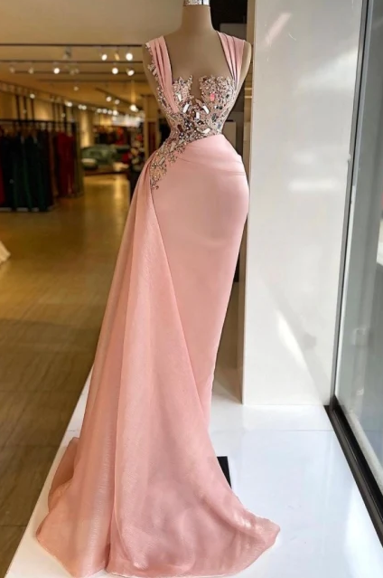 Pink Elegant Long Mermaid Prom Dresses With Glitter - Fashionpara