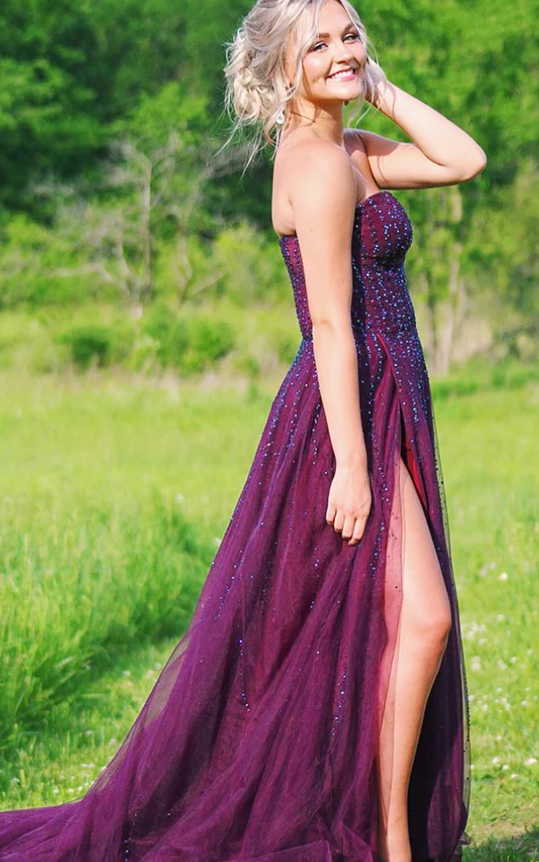 A Line Tulle Grape Beaded Sweetheart Long Side Slit Prom Dresses - Fashionpara