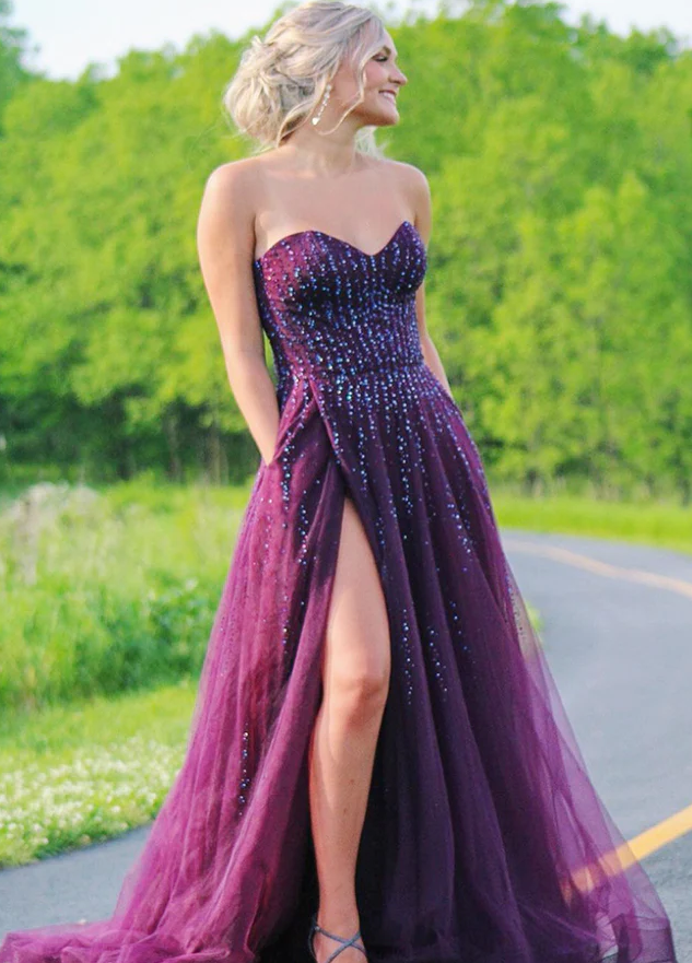A Line Tulle Grape Beaded Sweetheart Long Side Slit Prom Dresses - Fashionpara