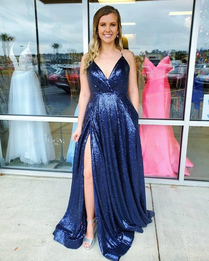 Straps Navy Blue Sequins Prom Dress with Slit - Fashionpara